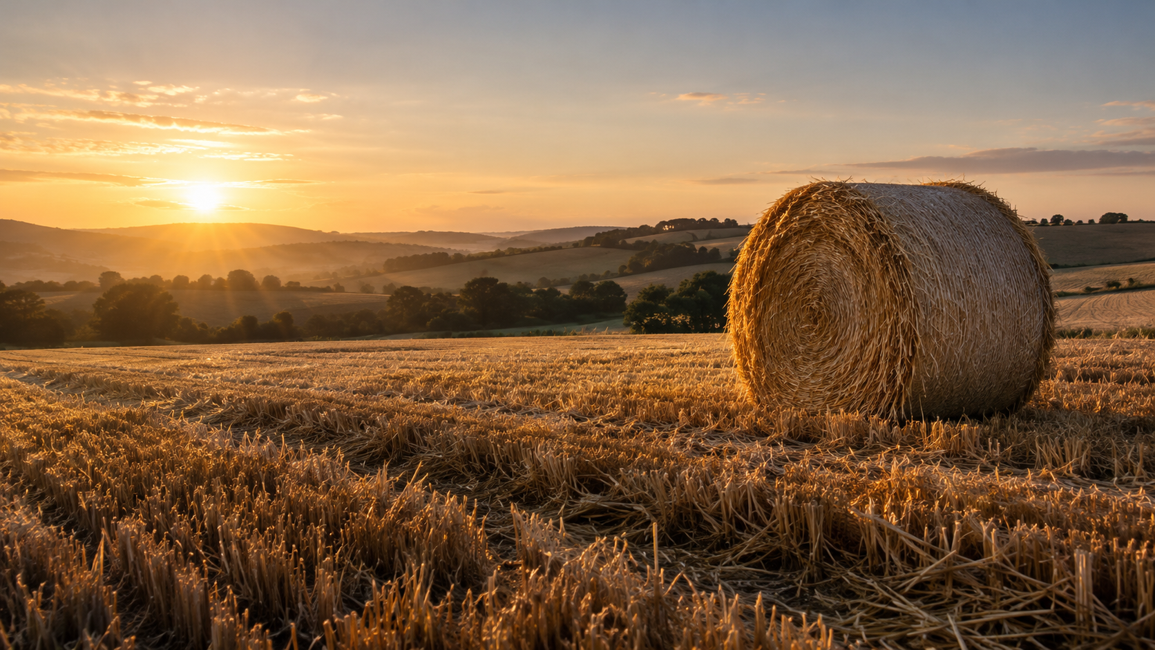 Golden crop residues and a straw bale in a harvested field